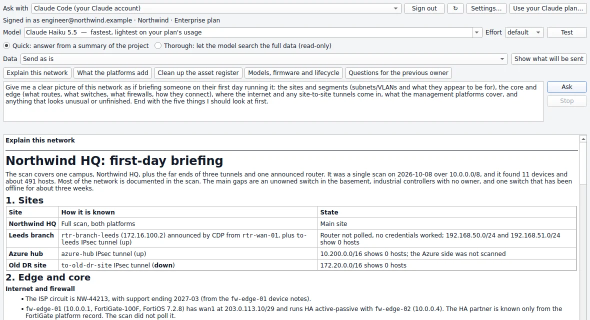 The Ask AI panel showing a first-day briefing of a sample network: its sites, including three reached over VPN, and its edge and core
